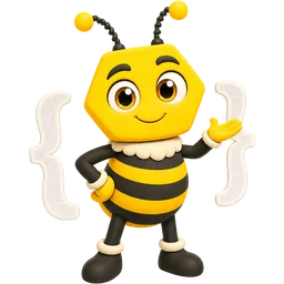 Buzzy, a friendly yellow bee with a hexagon head, waving between two curly brackets