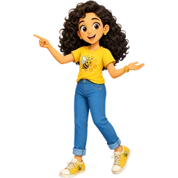 Misha, a girl with dark curls in a yellow bee t-shirt, pointing and mid-question