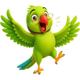 Mithu, a green parrot in round glasses, wings thrown open mid-answer