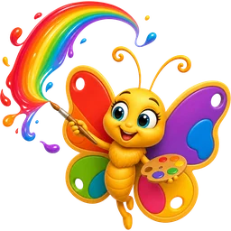 Titli, a rainbow-winged butterfly holding a paintbrush and a palette