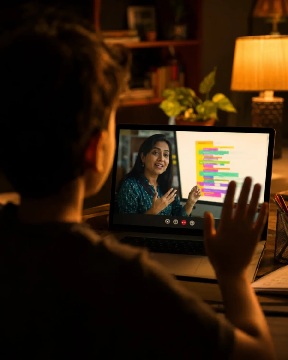 A live 1:1 online class: the teacher on screen, mid-lesson, with a child following along at home