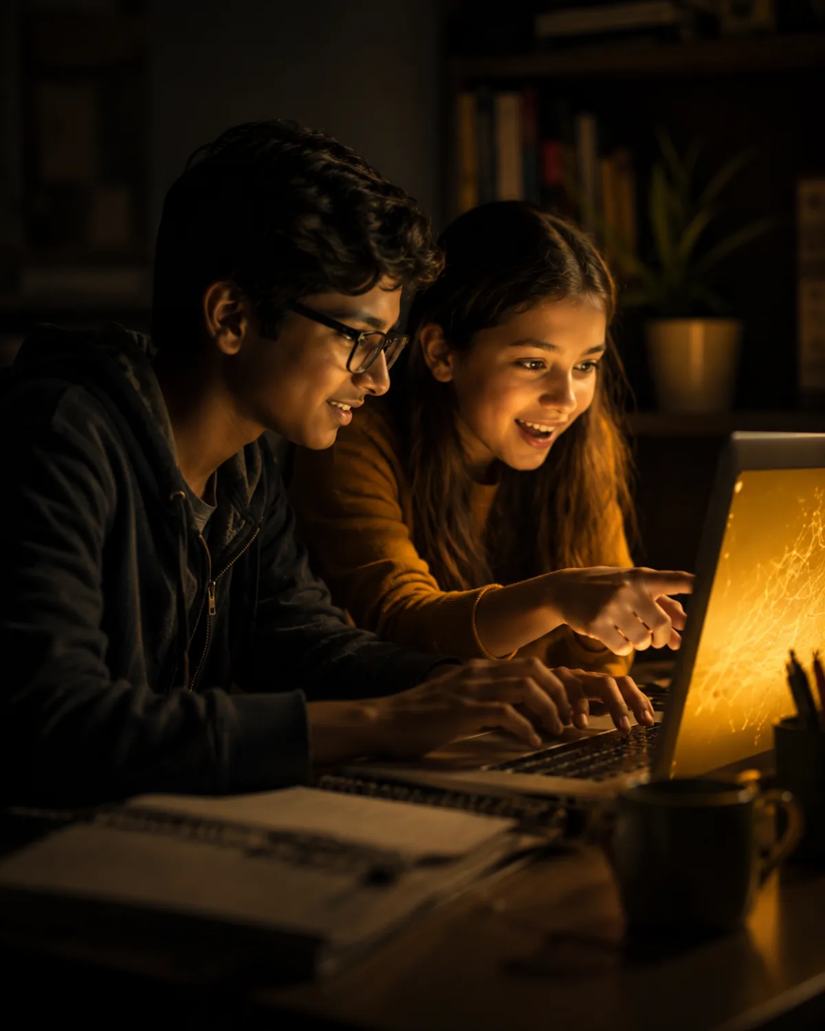 Two children absorbed in building something together at a glowing screen