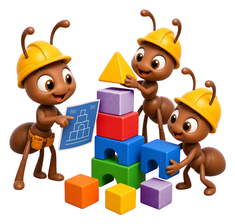 Antara and her ant colony building with blocks from a blueprint