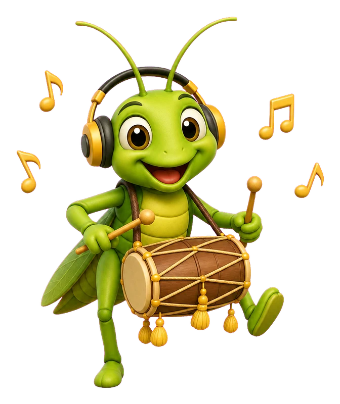 Jhingur the cricket playing a dhol with headphones on