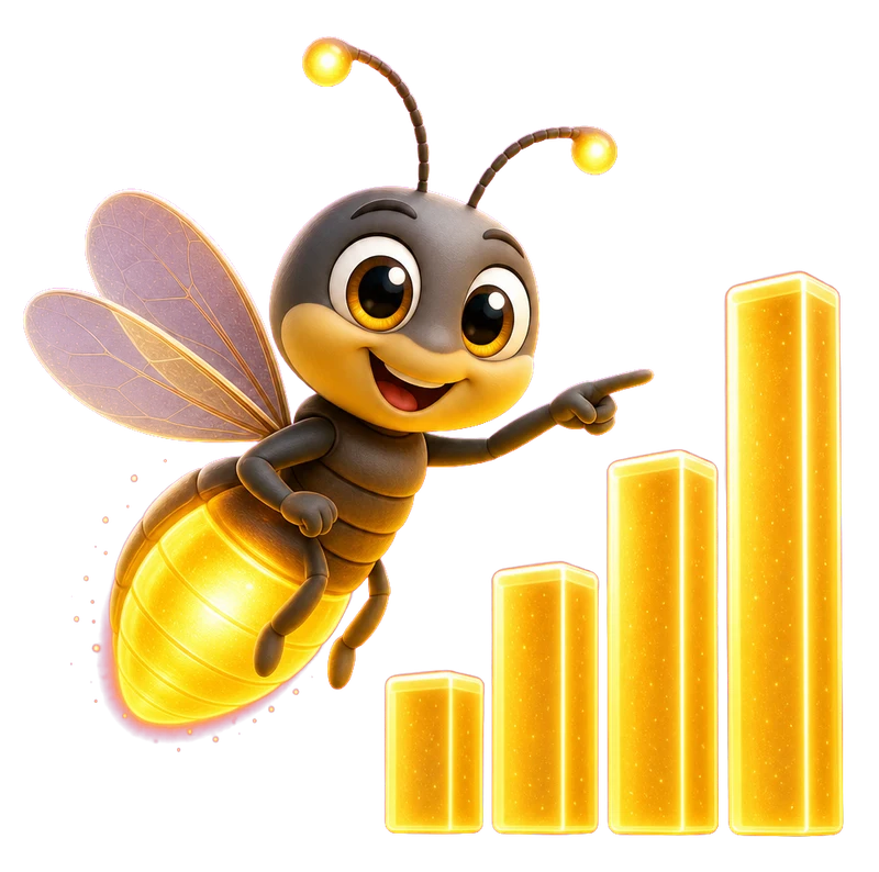 Jugnu the firefly pointing at a glowing honey bar chart