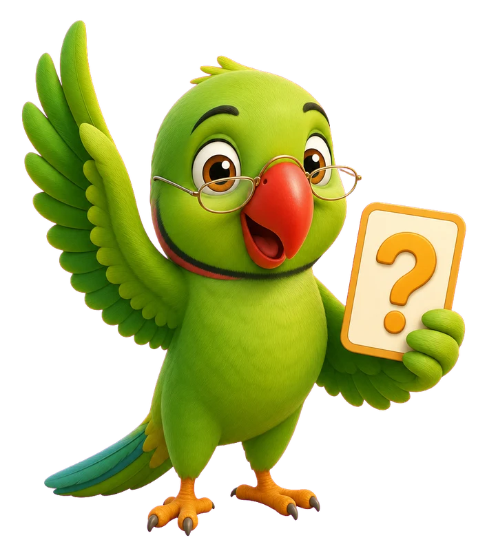 Mitthu the parrot holding up a quiz question card