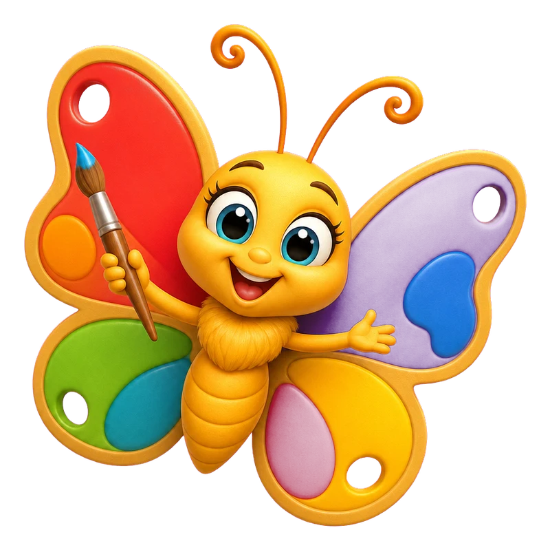 Titli the butterfly with paint-palette wings holding a brush