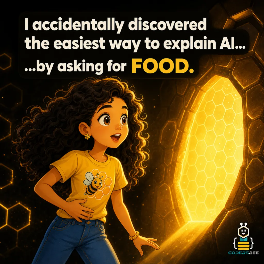 Misha stands beside a glowing honeycomb portal. Title: “I accidentally discovered the easiest way to explain AI… by asking for FOOD.”