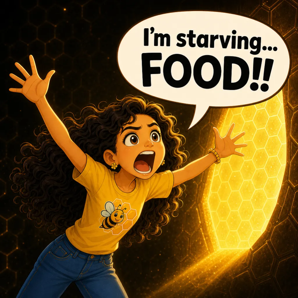 Misha throws her arms up and shouts: “I'm starving… FOOD!!”