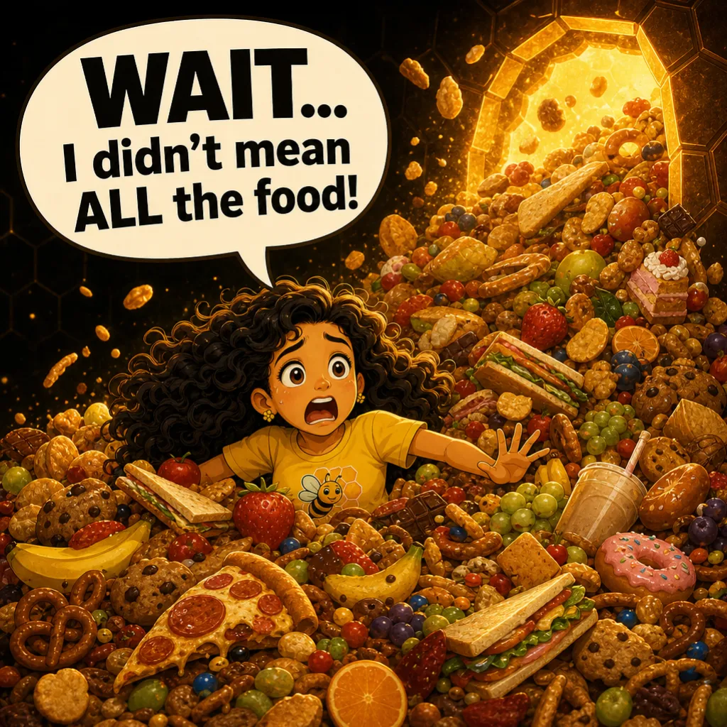 Misha is buried to the shoulders in an avalanche of food. She cries: “WAIT… I didn't mean ALL the food!”