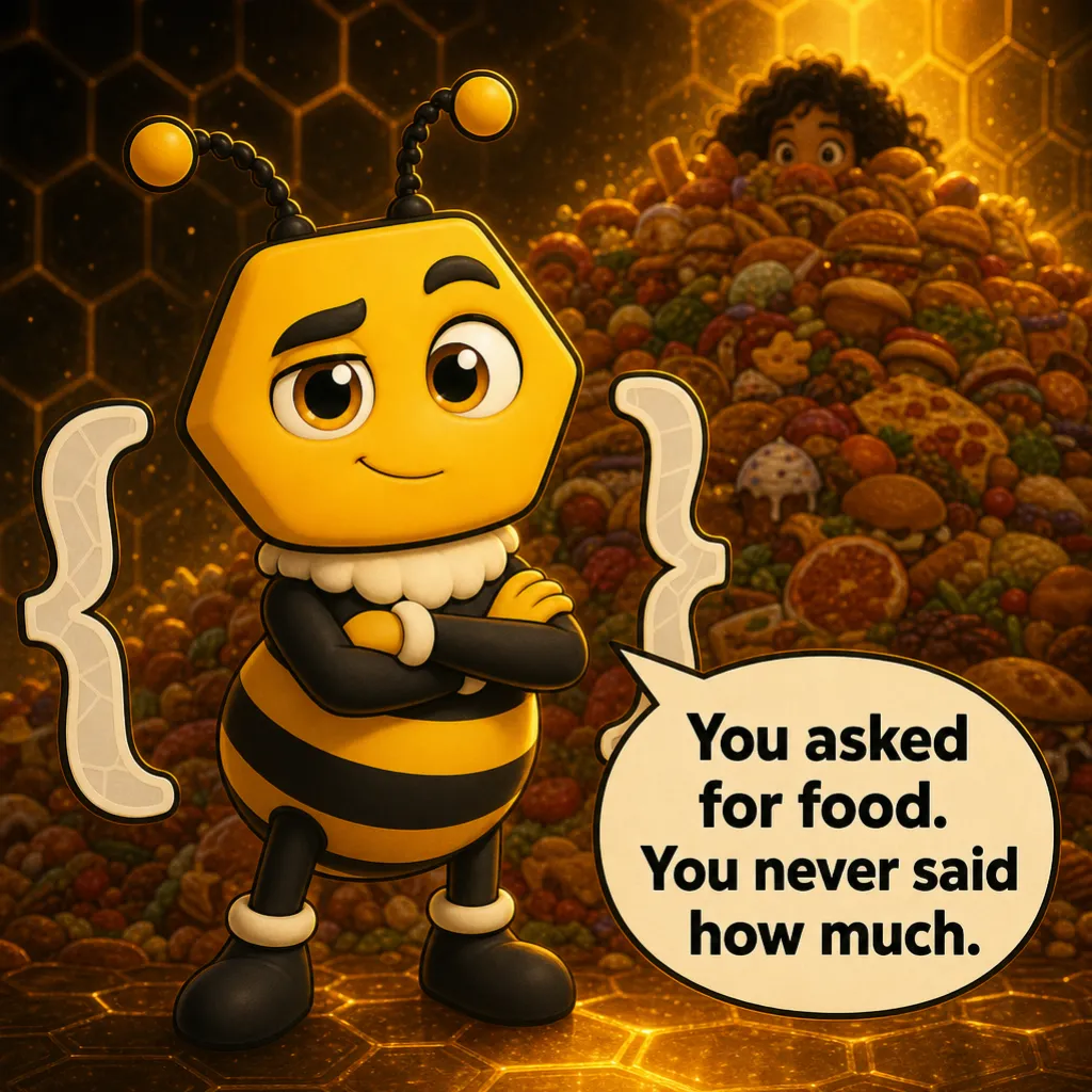 Buzzy the bee stands with his arms folded, Misha still buried in the pile behind him. Buzzy: “You asked for food. You never said how much.”