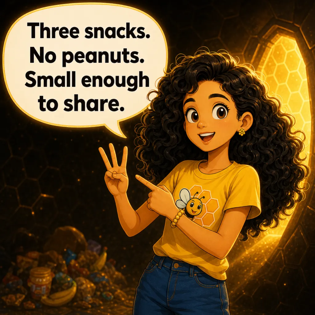 Misha holds up three fingers and asks again: “Three snacks. No peanuts. Small enough to share.”