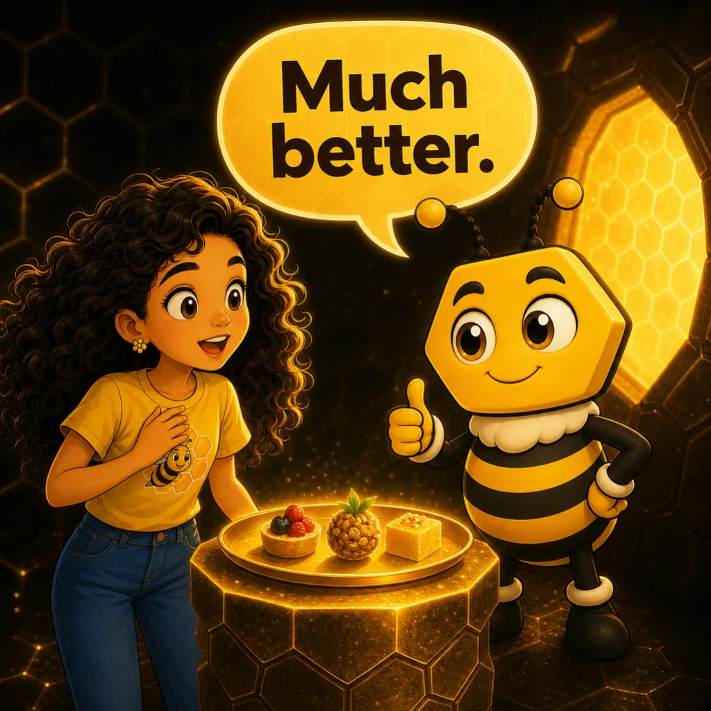 A small golden tray holds exactly three neat snacks. Buzzy gives a thumbs up: “Much better.”