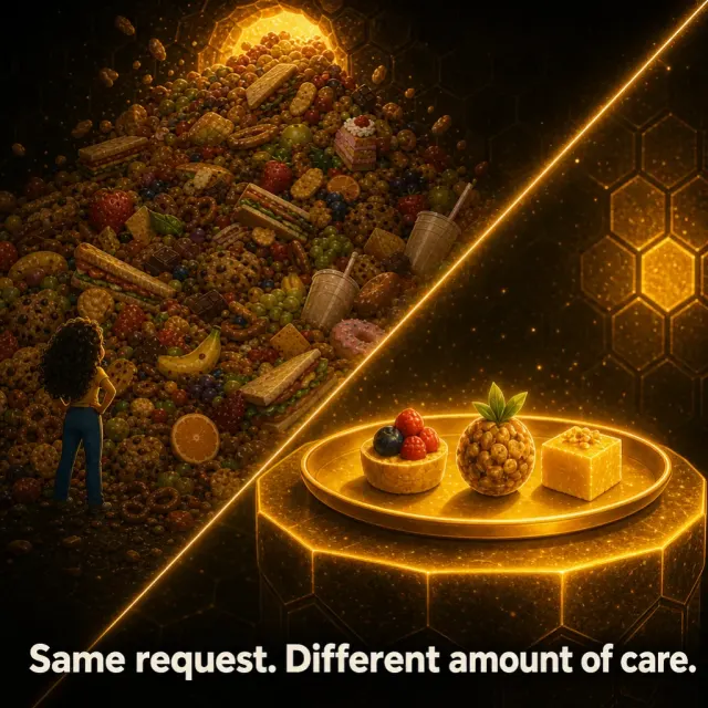 Split image: on the left a mountain of food with Misha dwarfed beside it, on the right a neat tray of three snacks. Caption: “Same request. Different amount of care.”