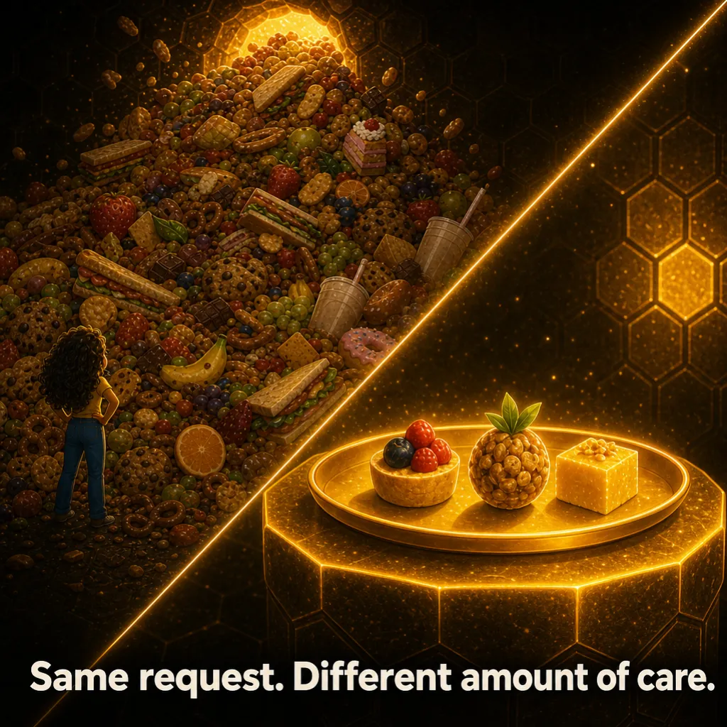 Split image: on the left a mountain of food with Misha dwarfed beside it, on the right a neat tray of three snacks. Caption: “Same request. Different amount of care.”