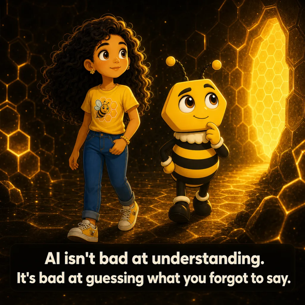 Misha and Buzzy walk together down a glowing honeycomb path. Caption: “AI isn't bad at understanding. It's bad at guessing what you forgot to say.”