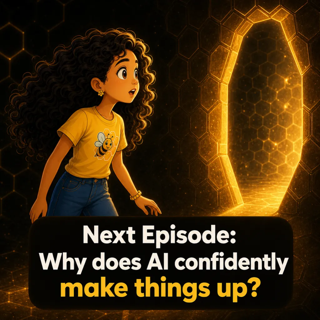 Misha turns back toward the glowing portal. Caption: “Next episode: why does AI confidently make things up?”