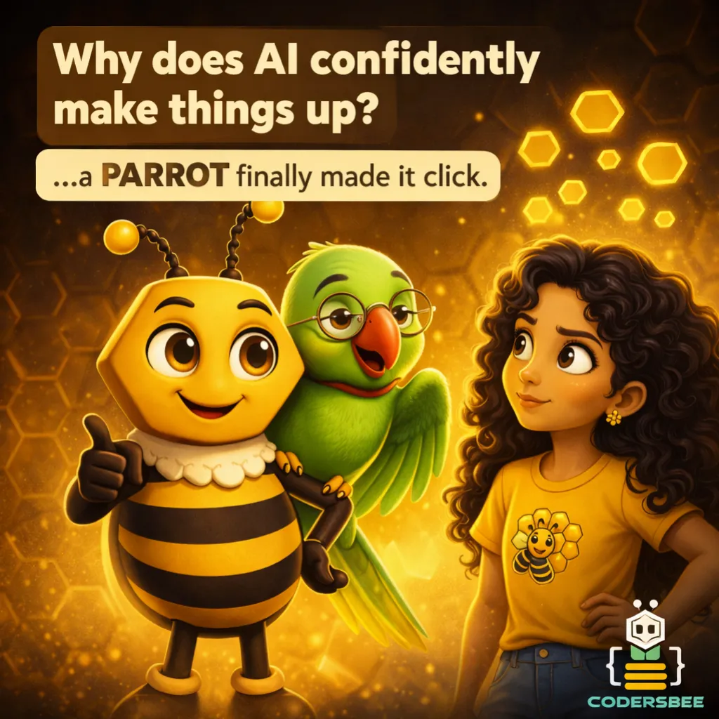 Misha stands beside Buzzy and Mithu the parrot, delighted. Title: “Why does AI confidently make things up? …a PARROT finally made it click.”