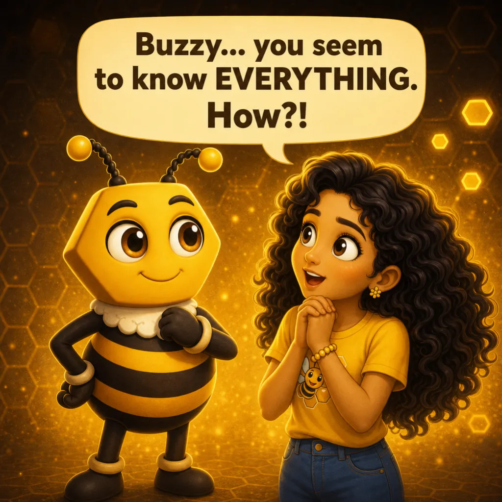 Misha stands with her hands clasped, eyes wide with admiration. Misha: “Buzzy… you seem to know EVERYTHING. How?!”