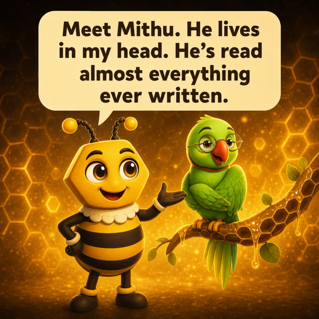 Buzzy gestures toward Mithu, a green parrot in round glasses perched on a honeycomb branch. Buzzy: “Meet Mithu. He lives in my head. He's read almost everything ever written.”