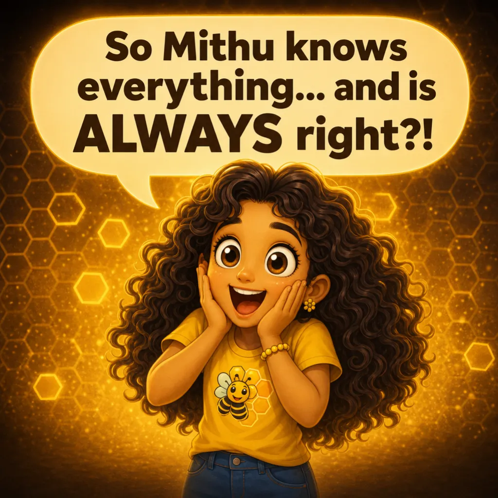 Misha claps her hands to her cheeks, thrilled. Misha: “So Mithu knows everything… and is ALWAYS right?!”