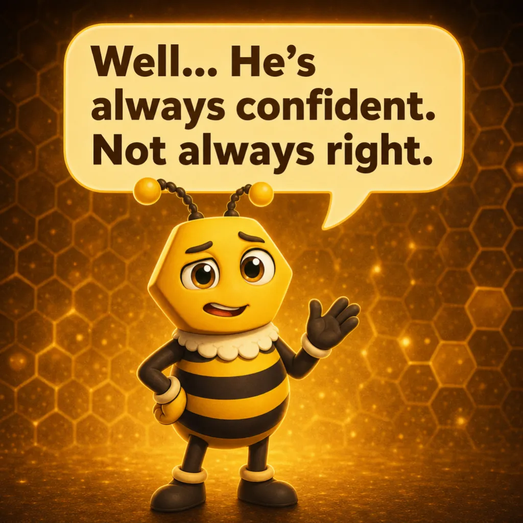 Buzzy raises a hand, gently correcting her. Buzzy: “Well… He's always confident. Not always right.”
