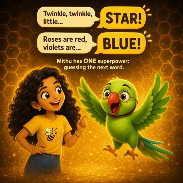 Misha and Mithu play a rapid word game, Mithu answering before she even finishes. Misha: “Twinkle, twinkle, little…” Mithu: “STAR!” Misha: “Roses are red, violets are…” Mithu: “BLUE!” Caption: “Mithu has ONE superpower: guessing the next word.”