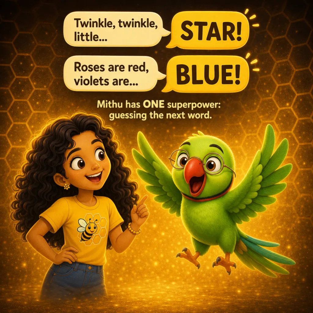 Misha and Mithu play a rapid word game, Mithu answering before she even finishes. Misha: “Twinkle, twinkle, little…” Mithu: “STAR!” Misha: “Roses are red, violets are…” Mithu: “BLUE!” Caption: “Mithu has ONE superpower: guessing the next word.”