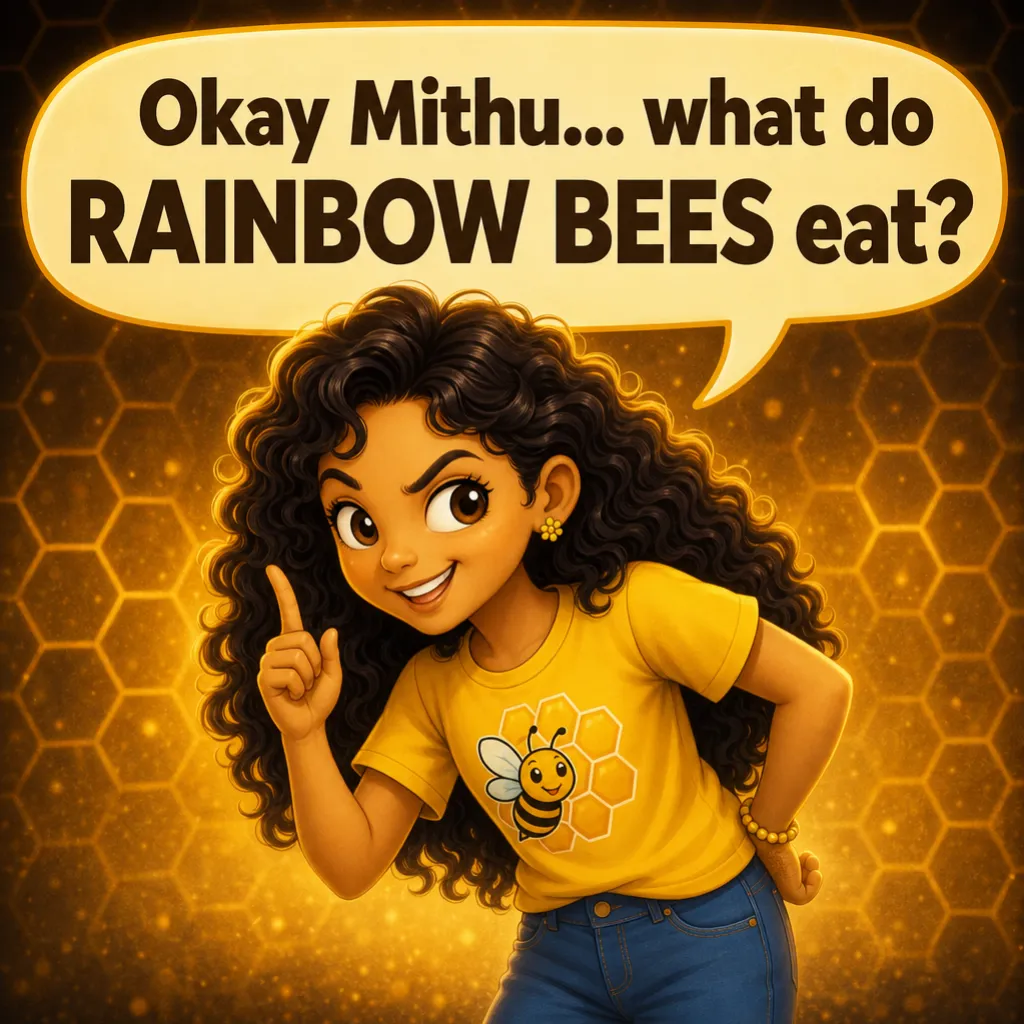 Misha grins slyly, one finger raised, setting a trap. Misha: “Okay Mithu… what do RAINBOW BEES eat?”