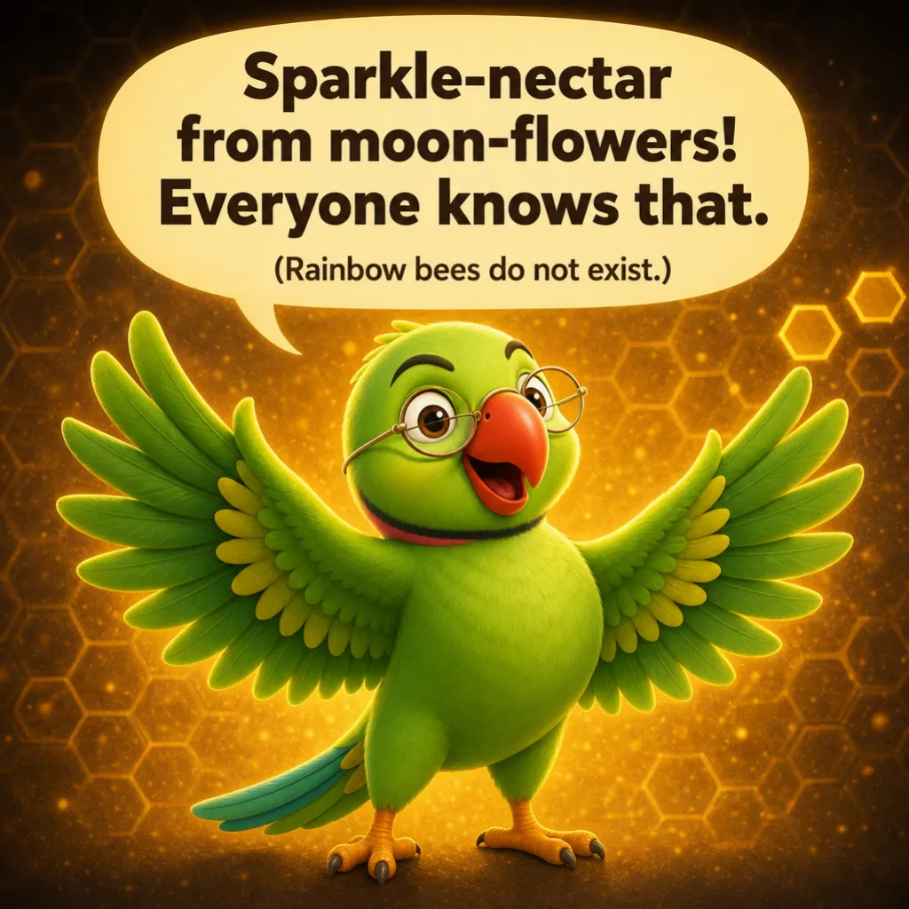 Mithu throws his wings open, supremely confident. Mithu: “Sparkle-nectar from moon-flowers! Everyone knows that.” Caption: “(Rainbow bees do not exist.)”