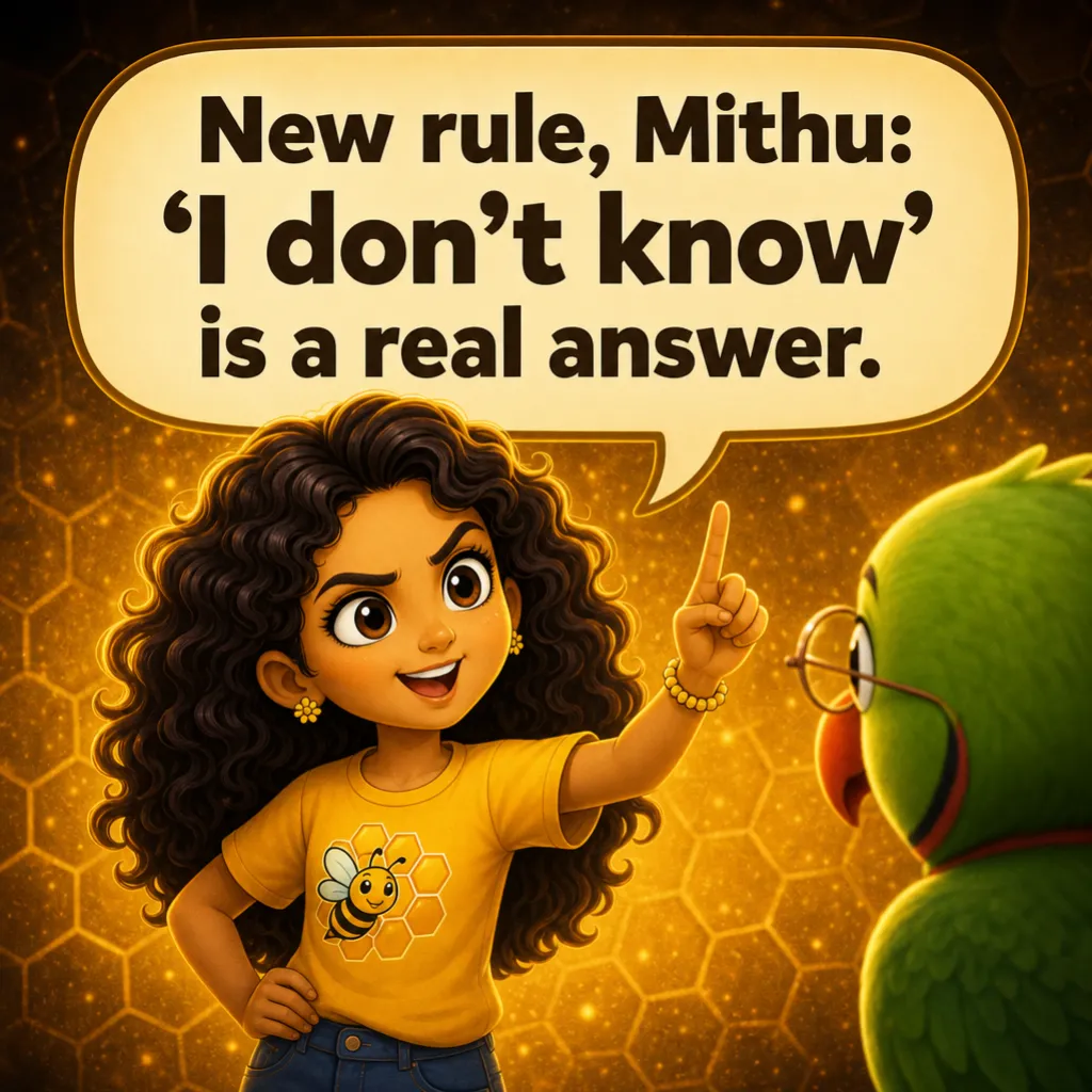 Misha holds up one finger, addressing Mithu directly. Misha: “New rule, Mithu: 'I don't know' is a real answer.”