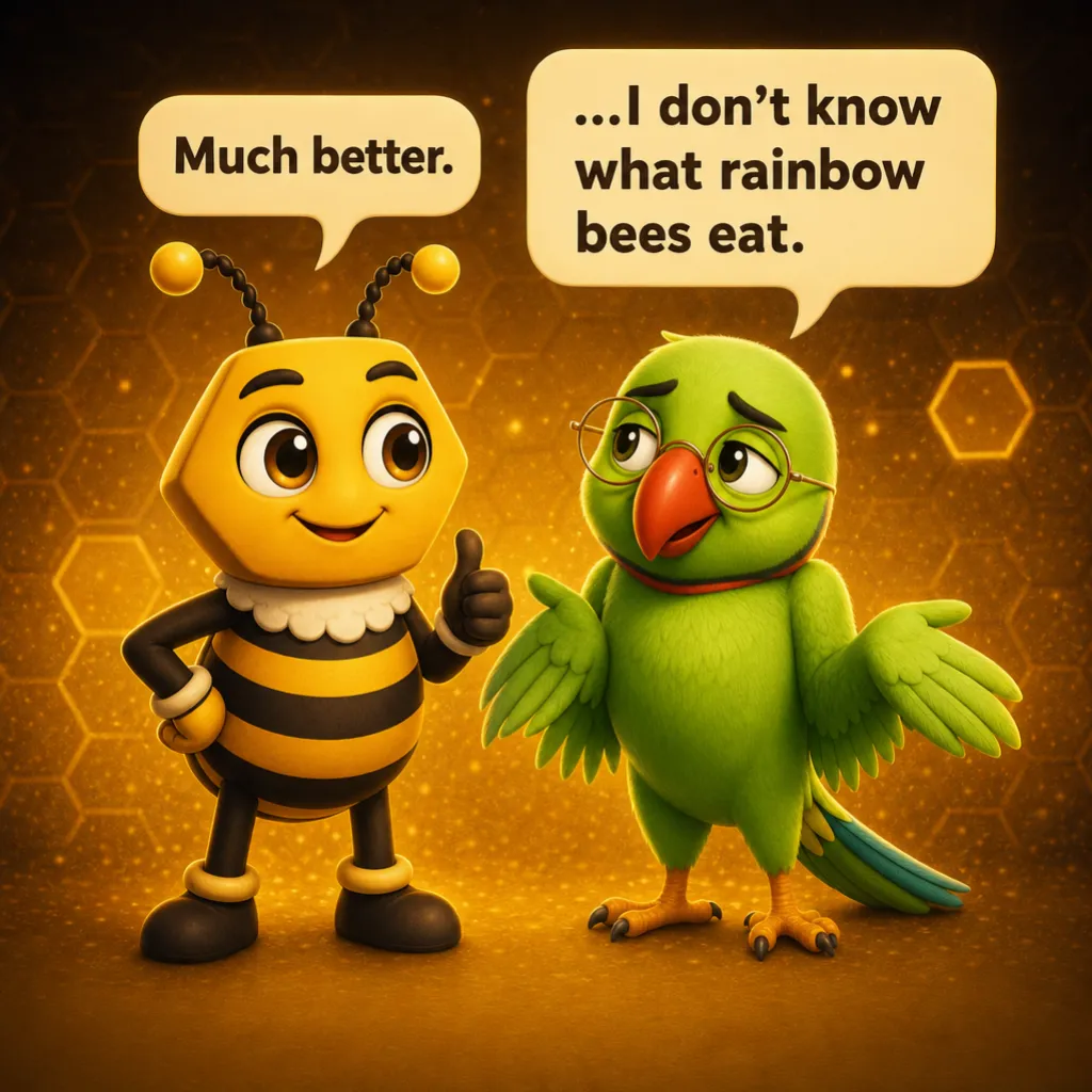 Buzzy gives a thumbs up while Mithu looks sheepish beside him. Buzzy: “Much better.” Mithu: “…I don't know what rainbow bees eat.”