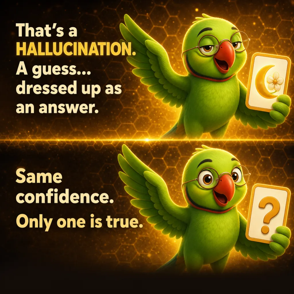Split image: Mithu confidently answers “STAR!” on the left, and just as confidently answers “Sparkle-nectar…” on the right. Caption: “That's a HALLUCINATION. A guess… dressed up as an answer.” “Same confidence. Only one is true.”