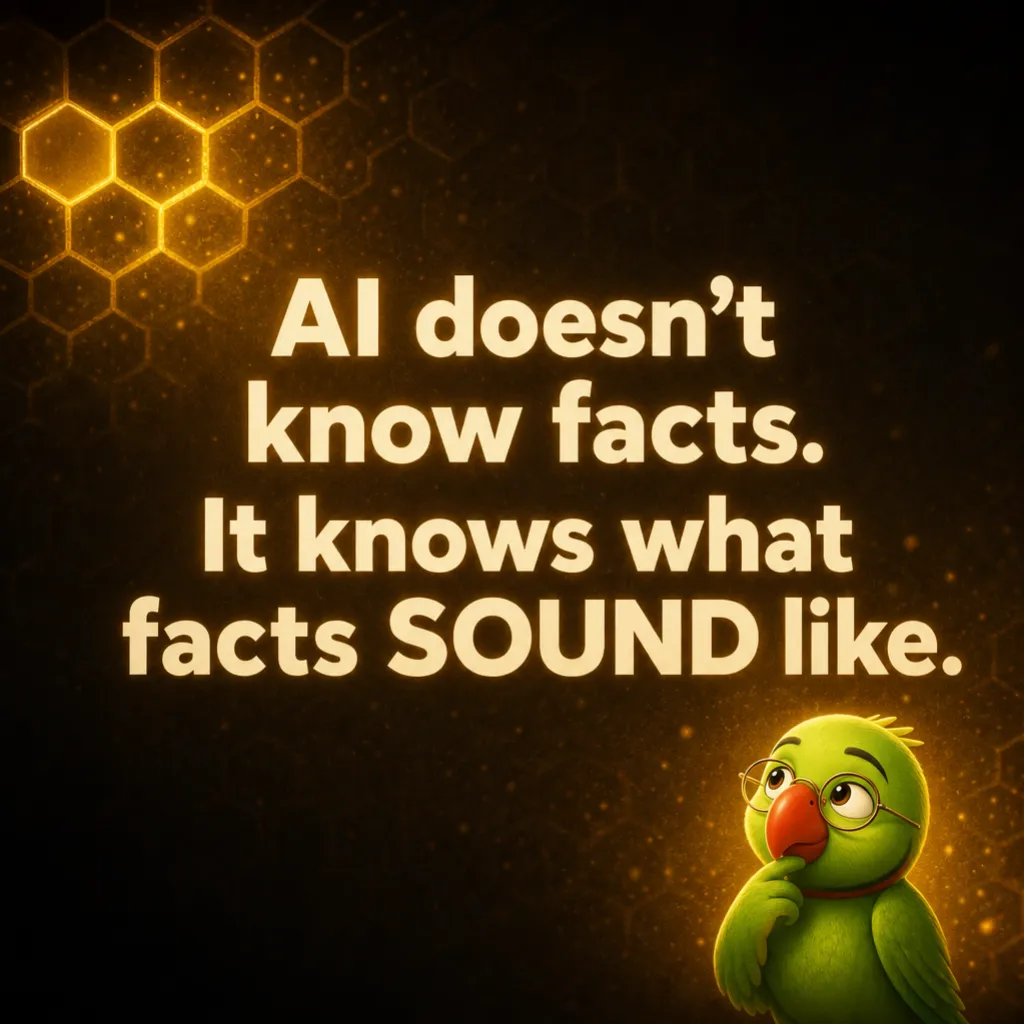 Mithu stands alone, thoughtful, in the glowing honeycomb chamber. Caption: “AI doesn't know facts. It knows what facts SOUND like.”
