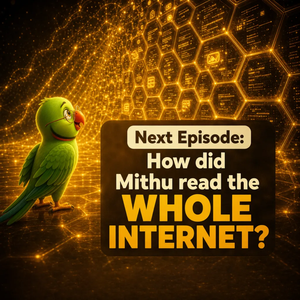 Mithu stands small against a vast glowing wall of text and data. Caption: “Next episode: how did Mithu read the WHOLE INTERNET?”