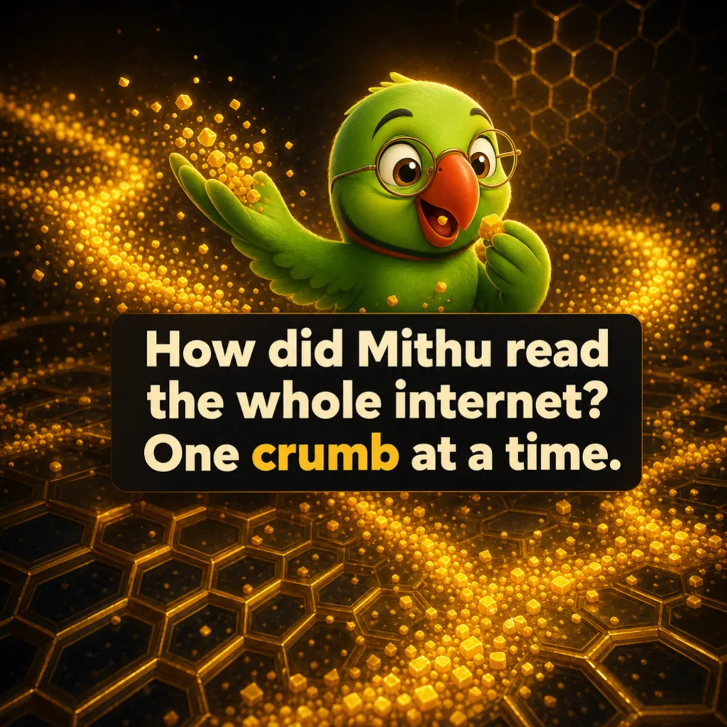 Mithu the parrot in the glowing honeycomb chamber. Caption: “How did Mithu read the whole internet? One crumb at a time.”