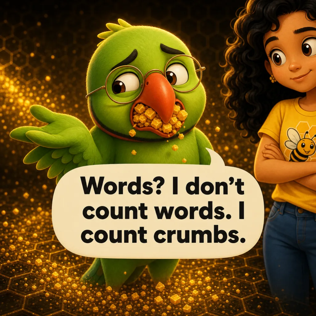 Mithu, mouth full and sheepish. Mithu: “Words? I don't count words. I count crumbs.”