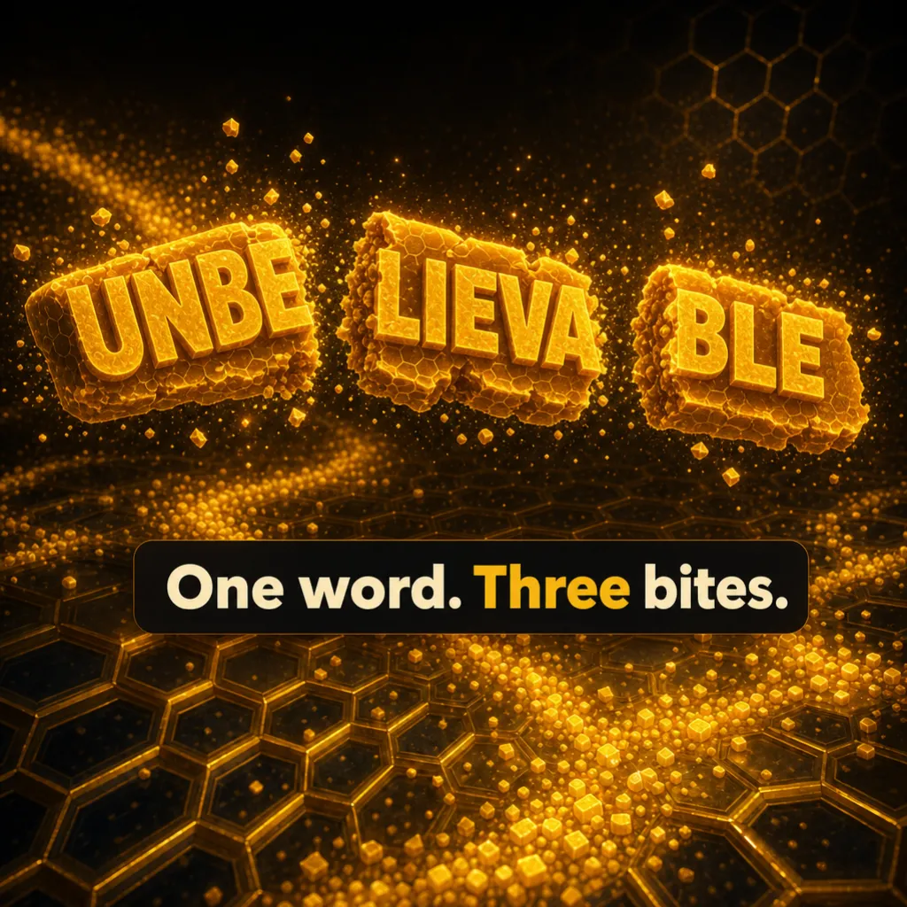 The word UNBELIEVABLE shatters mid-air into three glowing honey-crumbs, split UNBE / LIEVA / BLE. Caption: “One word. Three bites.”