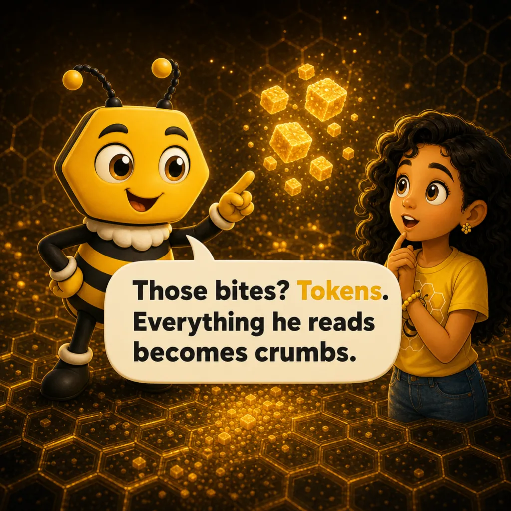 Buzzy gestures at the floating crumbs. Buzzy: “Those bites? Tokens. Everything he reads becomes crumbs.”