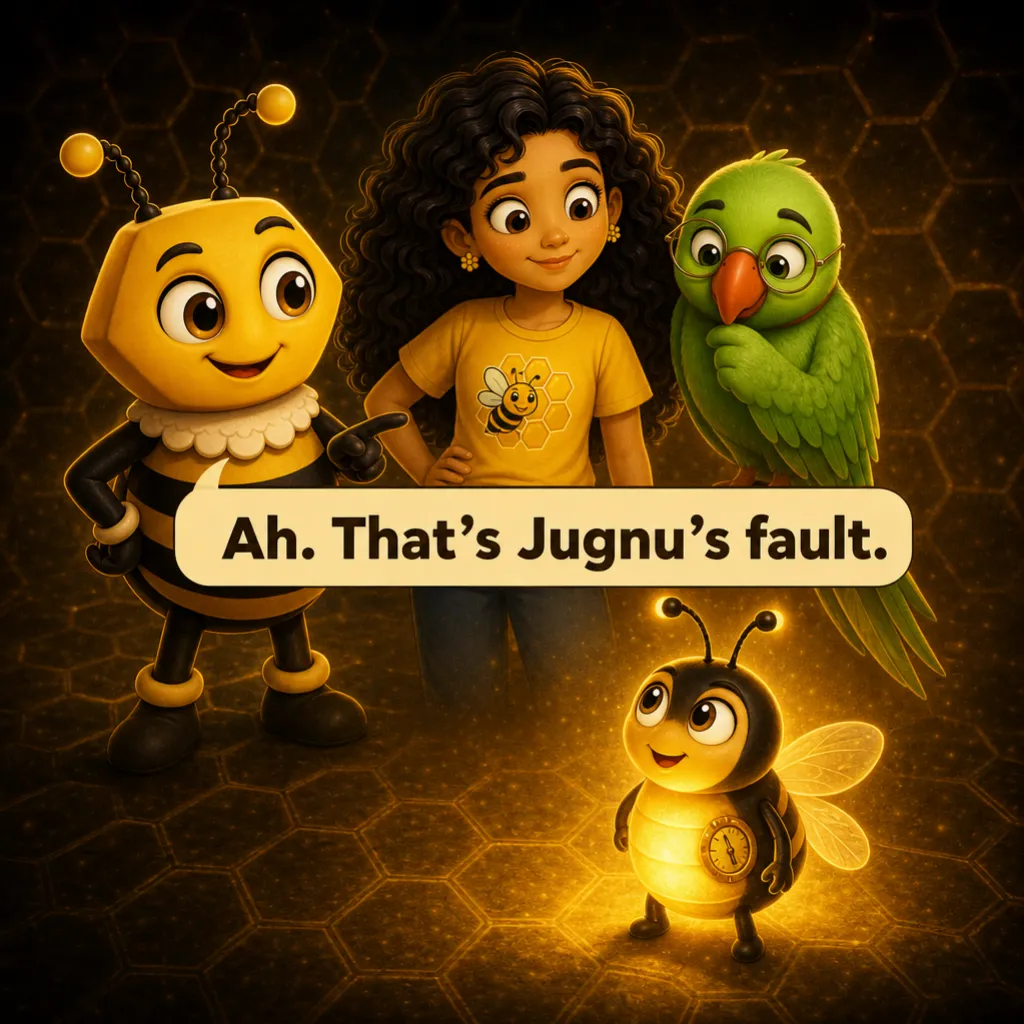A firefly lands nearby, lantern belly glowing, a small brass dial built into it. Buzzy: “Ah. That's Jugnu's fault.”