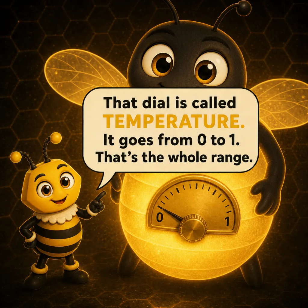 Close-up of Jugnu's belly: a brass dial, needle at the low end, the ends marked 0 and 1. Buzzy: “That dial is called TEMPERATURE. It goes from 0 to 1. That's the whole range.”