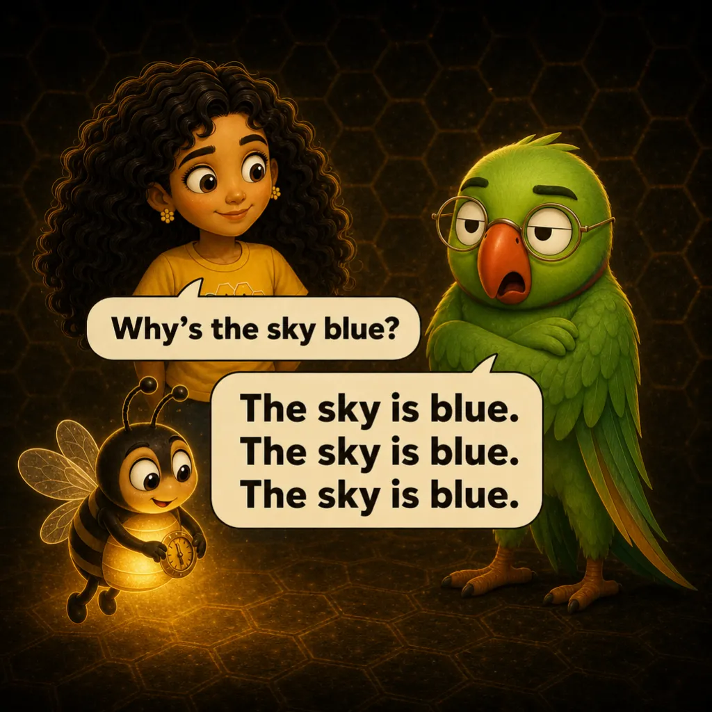 Jugnu turns the dial down. Misha: “Why's the sky blue?” Mithu, flat and robotic: “The sky is blue. The sky is blue. The sky is blue.”