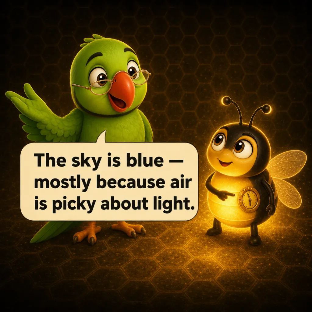 Jugnu sets the dial mid-way. Mithu, warm and clever: “The sky is blue — mostly because air is picky about light.”