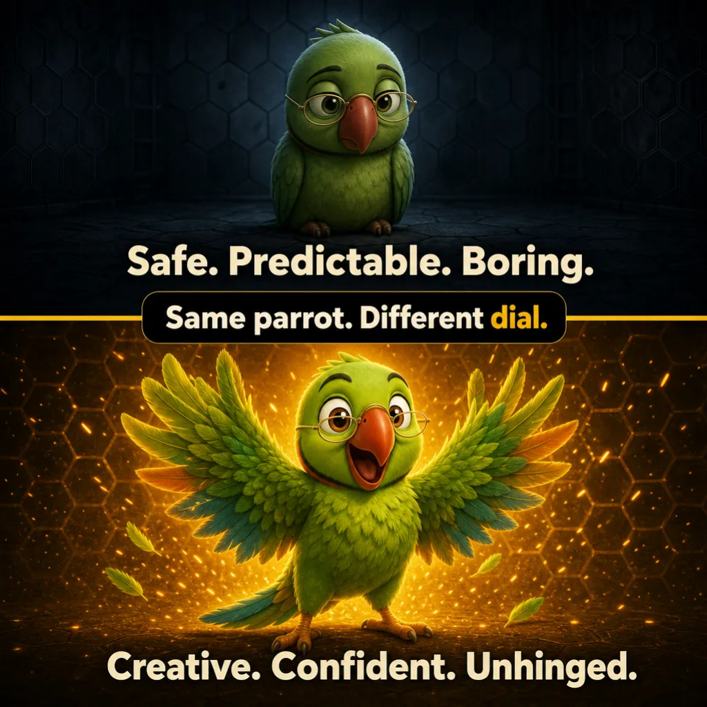 Split screen. Top, cold and dim: “Safe. Predictable. Boring.” Bottom, hot and blazing: “Creative. Confident. Unhinged.” Caption: “Same parrot. Different dial.”