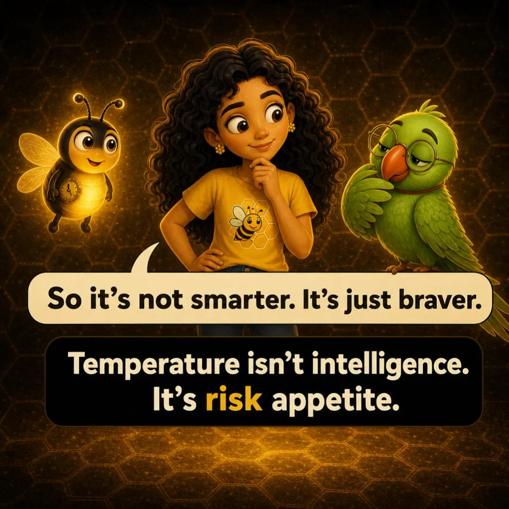 Misha looks at Mithu with new understanding. Misha: “So it's not smarter. It's just braver.” Caption: “Temperature isn't intelligence. It's risk appetite.”