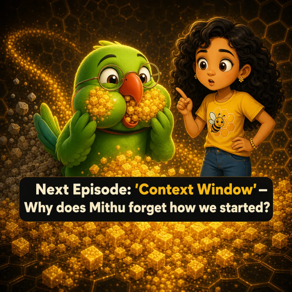 Mithu’s cheeks stuffed with glowing crumbs, bright ones piling in at the front while dull grey ones spill out the back, Misha pointing in alarm. Caption: “Next Episode: ‘Context Window’ — Why does Mithu forget how we started?”