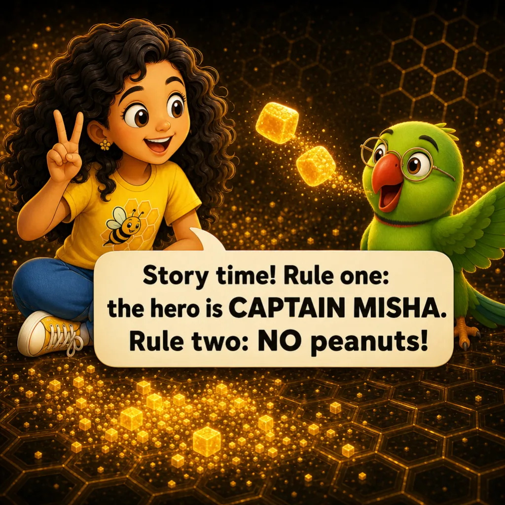 Misha sets the rules as two bright golden crumbs go into Mithu's cheeks. Misha: “Story time! Rule one: the hero is CAPTAIN MISHA. Rule two: NO peanuts!”