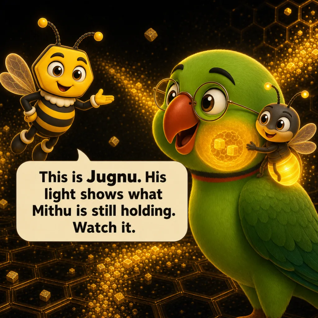 Jugnu the firefly settles on Mithu's shoulder, his light spilling across the cheeks so the crumbs inside are visible. Buzzy: “This is Jugnu. His light shows what Mithu is still holding. Watch it.”