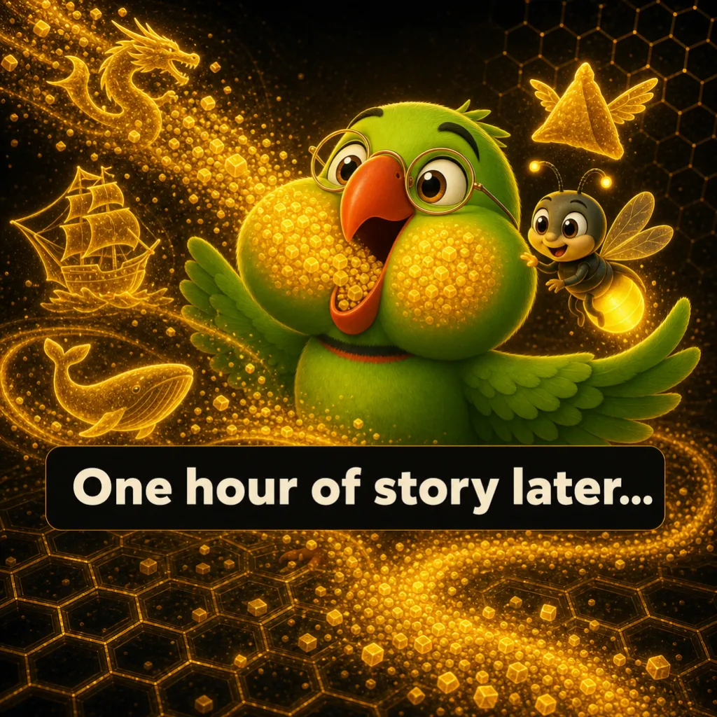 A wordless montage of story-crumbs streaming into Mithu's beak — dragon, ship, whale, flying samosa — as his cheeks fill. Caption: “One hour of story later…”