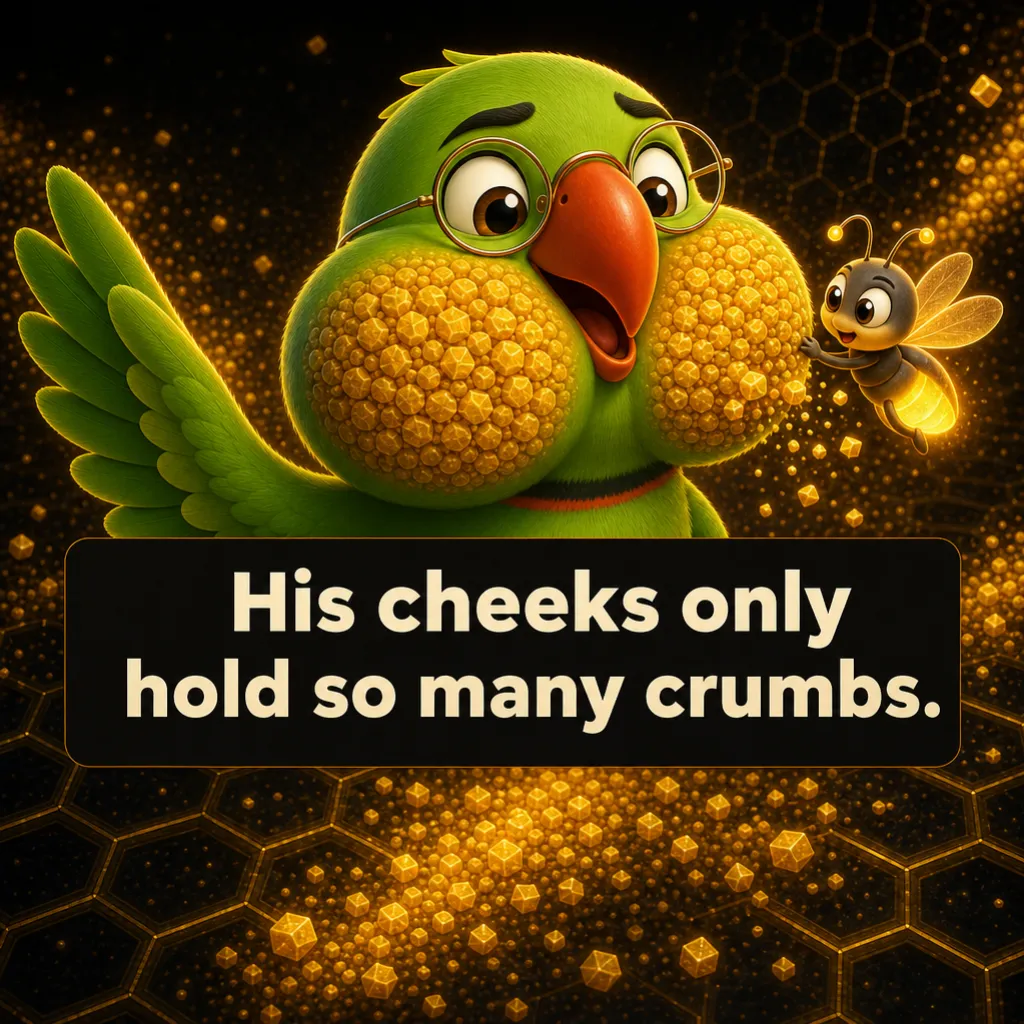 Mithu's cheeks are spherical and tight, crumbs packed shoulder to shoulder, Jugnu's light crowded and flickering. Caption: “His cheeks only hold so many crumbs.”